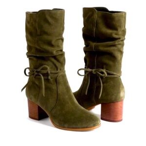 Olive Suede Mid-Calf Heeled Boots - Women